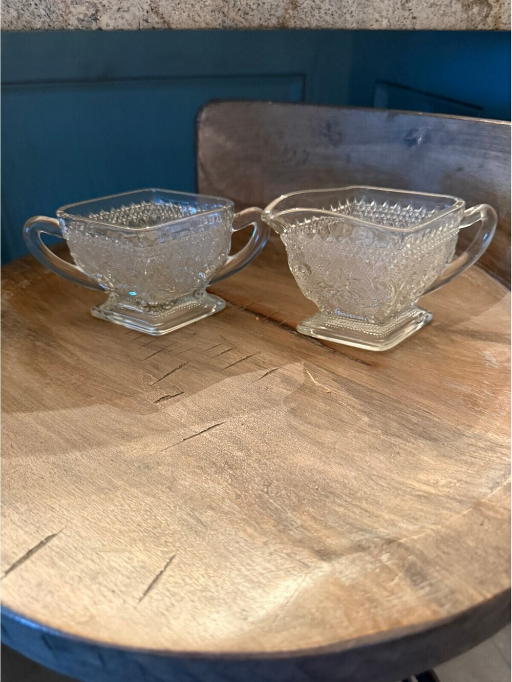 Vintage Indiana Glass Sandwich Pattern Pressed Glass Creamer and Sugar Bowl Set